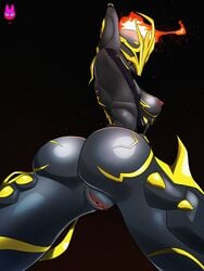 1girls anus arms_up ass big_ass black_skin ember_(warframe) ember_prime erect_nipples female flame hotpinkevilbunny nipples presenting_hindquarters prime_warframe pussy solo solo_female warframe