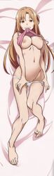 1girls big_breasts biting_clothes breasts brown_hair dakimakura edit feet large_breasts lying navel nipples nude_filter panties panty_pull smile sword_art_online third-party_edit undressing white_panties yuuki_asuna