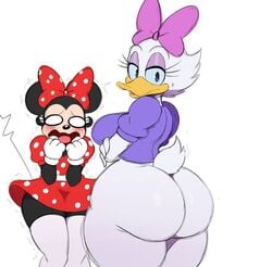 2girls anthro arms_under_breasts big_ass big_penis black_fur blush bottomless bubble bubble_butt butt crossed_arms daisy_duck disney duck eyelashes fat_ass flat_chest flat_chested folded_arms furry gloves hairbow huge_ass looking_at_viewer looking_back looking_back_at_viewer mickey_mouse_club minnie_mouse mouse partially_clothed pink_bow polka_dot_bow polka_dot_dress purple_eyeshadow purple_shirt red_bow red_dress seductive seductive_look shocked shocked_expression sideboob skirt small_breasts soft_feathers sssonic2 standing thick_thighs thighhighs thin_waist tight_shirt white_background white_feathers white_thighhighs wide_hips