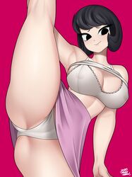 1girls black_hair cameltoe cleavage jucika kansu-kansu large_breasts panties pink_background pose shirt_lift short_hair skirt smile solo splits standing_on_one_leg standing_split thick_thighs upskirt visible_underwear