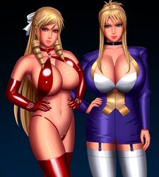 2girls bakunyuu black_choker blonde_hair blue_eyes breasts bursting_breasts choker cleavage curvaceous curvy curvy_figure discipline discipline:record_of_a_crusade discipline_zero dominatrix dress drill_hair drill_locks erect_nipples facing_viewer femdom garter_straps hair_bun hand_on_hip hands_on_hips high_resolution highres huge_breasts impossible_clothes latex latex_bikini latex_gloves lips lipstick long_hair long_legs looking_at_viewer makeup microdress microskirt minidress miniskirt mole mole_under_mouth morimoto_leona morimoto_reina multiple_girls nail_polish navel original pencil_skirt red_lips red_lipstick red_panties shiny_hair shiny_skin siblings sisters skindentation skirt_suit standing svoidist thigh_boots thighhighs voluptuous white_legwear