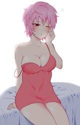 bed breasts cleavage female genderswap_(mtf) koro_(koinori) large_breasts nightgown pink_hair purple_eyes rubbing_eyes rule_63 saiki_kusuko saiki_kusuo saiki_kusuo_no_psi_nan short_hair sitting solo spaghetti_strap strap_slip waking_up