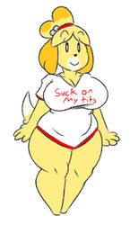 2019 animal_crossing anthro big_breasts bottomless breasts canid canine canis cleavage clothed clothing digital_media_(artwork) dirty_talk domestic_dog english_text female fur hair isabelle_(animal_crossing) kingretrokirby mammal nintendo profanity shih_tzu shirt shortstack simple_background smile solo standing suggestive_shirt text text_on_clothing text_on_shirt text_on_topwear thick_thighs topwear toy_dog video_games white_background wide_hips yellow_body yellow_fur