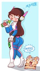 1girls ass clothed clothed_female clothing d.va female female_only hammond_(overwatch) looking_back mattyburrito mountain_dew overwatch round_ass round_butt skin_tight smartphone tongue tongue_out wink