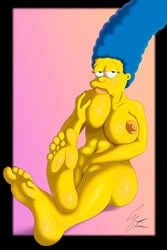 areola big_breasts breasts feet female foot_fetish foot_focus g4rron marge_simpson nipples saliva solo sucking_nipples the_simpsons yellow_fur