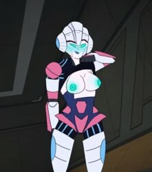 1girls alien alien_girl aqua_nipples arcee blue_eyes blue_nipples blush blushing breasts breasts_out female female_only looking_at_viewer machine medium_breasts nipples purple_lips purple_lipstick robot robot_girl showing_breasts solo solo_female transformers transformers_cyberverse white_breasts