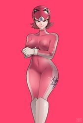 1girls absurd_res bodysuit female gloves grin hayabusa helmet kansu-kansu looking_at_viewer medium_breasts pink_background pink_bodysuit png see-through skin_tight smile solo standing