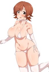 1girls blush brown_hair cleavage female female_only honda_mio idolmaster idolmaster_cinderella_girls large_breasts looking_at_viewer micro_bikini open_mouth short_hair simple_background thighhighs thighs white_background white_gloves white_legwear white_panties