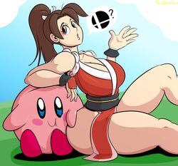 adorable ass_grab big_breasts blue_eyes blush breasts butt_grab clothed clothing cute cute_face davidsanchan eyelashes female king_of_fighters kirby kirby_(series) looking_at_viewer mai_shiranui male nintendo nintendo_switch pink_body pink_skin red_feet super_smash_bros. super_smash_bros._ultimate