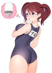 :o ass bad_id bad_twitter_id bangs bare_shoulders blush bowl breasts brown_hair clothes_writing commentary_request female finger_to_mouth from_behind glasses highres kippuru large_breasts long_hair mera_chisato name_tag nose_blush one-piece_swimsuit plump purple_eyes rice rice_bowl saiki_kusuo_no_psi_nan school_swimsuit school_uniform simple_background solo swimsuit thought_bubble white_background