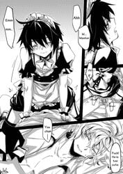 2boys adult anal anal_penetration anal_sex blush clothed_male_nude_male clothed_sex crossdressing cum cum_in_ass cum_inside dress english_text erection femboy gay girly hyakuya_michaela hyakuya_yuuichirou maid maid_headdress maid_uniform male_only monochrome open_mouth owari_no_seraph servant sitting_on_penis thrusting thrusting_into_ass tongue tongue_out xnotchii yaoi