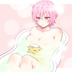 anpu bathing bathtub breasts feline female genderswap_(mtf) koro_(koinori) large_breasts nude pink_hair purple_eyes rule_63 saiki_kusuko saiki_kusuo saiki_kusuo_no_psi_nan short_hair solo towel towel_on_head water wet