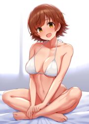 1girls brown_hair female female_only honda_mio idolmaster idolmaster_cinderella_girls on_bed short_hair sitting smile solo tomajiyama white_underwear yellow_eyes