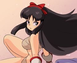 1girls alternative_bust_size big_breasts black_hair breasts female female_only gray_eyes hair_ribbon iggy-bomb large_breasts long_hair looking_back nakoruru samurai_shodown sarashi sideboob sitting snk solo thick_thighs thighs