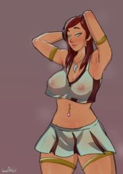 1girls aqua_eyes armpits arms_up breasts cleavage female imsofckinlost large_breasts long_hair navel red_hair seductive_look see-through skirt solo sweat