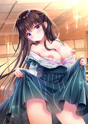 bangs blue_eyes blurry blurry_background blush bra breasts brown_hair clothes_lift cover cover_image dress dress_lift eyebrows_visible_through_hair female indoors large_breasts lifted_by_self long_hair looking_at_viewer murasaki_(murasakiiro_no_yoru) nipples off_shoulder original smile solo underwear