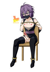 1girls alternate_costume bare_thighs bernadetta_von_varley bondage boots bound_to_chair breasts breasts_out chair cloth_gag femsub fire_emblem fire_emblem:_three_houses fishnets futa_only futanari gag grey_eyes medium_hair metamine10 ninja nintendo nipples purple_hair short_hair small_breasts solo thighhighs white_hair