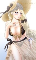 1girls alternate_costume amezuku ass_visible_through_thighs bikini black_bikini black_swimsuit blonde_hair blue_eyes blue_nails bracelet breasts cleavage female female_only fire_emblem fire_emblem:_three_houses fire_emblem_heroes hat higher_resolution_available large_breasts long_hair looking_at_viewer mercedes_von_martritz mercedes_von_martritz_(summer) nail_polish nintendo official_alternate_costume open_mouth sarong see-through solo sun_hat swimsuit white_background white_skin