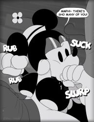 1girls 3boys anthro big_breasts blowjob bra breasts casual clothing comic comic_page dialogue fellatio female gangbang handjob handwear human_on_anthro male manual minnie_mouse monochrome mouse noxshade onomatopoeia oral paizuri penis public public_domain rodent speech_bubble steamboat_willie tagme text titjob white_gloves