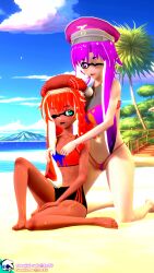 2024 2girls 3d 3d_(artwork) alternate_version_available beach big_breasts cosmixlewds dark_skin detailed_shading female_only green_eyes groping hanika_sakai_(cosmixlewds) highres inkling inkling_girl kaede_minami_(cosmixlewds) koikatsu light_skin looking_at_another orange_hair outdoors purple_eyes purple_hair small_breasts splatoon splatoon_(series) splatoon_3 swimsuit winking yuri