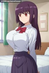 ai_generated aindroidparanoid bed bedroom big_breasts breasts busty curvy female female_only from_side gigantic_breasts huge_breasts indifferent indoors large_breasts massive_breasts narrow_waist nipples please_don&#039;t_bully_me,_nagatoro president_(nagatoro) pubic_hair purple_eyes purple_hair sana_sunomiya school_uniform schoolgirl shirt skirt slim_waist stable_diffusion voluptuous