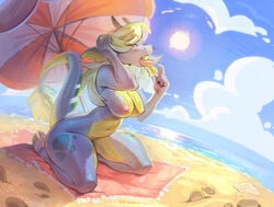 anthro beach blue_body blush breasts campfire_(buttocher) dessert digital_media_(artwork) dragon female female_focus female_only food genitals green_hair hair ice_cream nipples nude original original_character outside pink_nipples pussy seaside shaded solo thick_thighs thighs tongue tongue_out ulitochka yellow_body