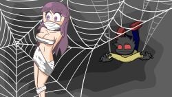 2d 2d_(artwork) animated animated_gif cave clothed cute eye_contact eyelashes female_focus female_human furry happy legs long_hair love male male/female naked_female no_nose perfect_body purple_eyes purple_hair scared scared_expression scared_face self_upload smile spider spider_humanoid spider_web tiedup tuubaa youtube youtuber youtuber_girl