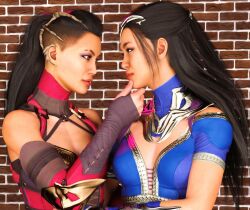 2girls 3d black_hair clone clonecest crossed_arms edenian eye_contact female female_only fully_clothed holding_chin imminent_kiss kitana kitana_(new_era) kiteena long_hair mileena mileena_(new_era) mortal_kombat mortal_kombat_1_(2023) princess rayalterego23 royalty sisters smile touching_face twincest yuri