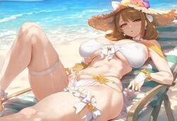 1girls ai_generated beach bikini blush_lines brown_hair fire_emblem fire_emblem_engage fire_emblem_heroes goldmary_(fire_emblem) goldmary_(summer)_(fire_emblem) hat large_breasts looking_at_viewer nipple_bulge sand sea seaside sun_hat tagme tharkica thick_thighs thigh_strap toned_female water white_bikini white_bikini_bottom white_bikini_top white_hat yellow_eyes