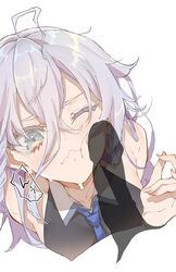 ahoge blue_neckwear blush cheek_press disembodied_penis e_sky_rugo female girls'_frontline grey_eyes hatching_(texture) highres long_hair looking_at_viewer necktie one_eye_closed penis penis_on_face purple_hair simple_background solo_focus straight white_background xm8_(girls'_frontline)