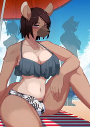 2021 5_fingers absurd_res anthro anthro_focus balls_outline beach beach_towel beach_umbrella big_breasts black_nose blush bodily_fluids breasts brown_body brown_fur brown_hair brunette brunette_hair bulge cleavage clothed clothing cloud denyfake female fingers fur futanari fuyuka_(denyfake) genital_outline group gynomorph gynomorph_focus hair half-closed_eyes hi_res hyaenid hyena hyena_ears hyena_girl intersex intersex_focus kemono looking_at_viewer mammal multicolored_body multicolored_fur narrowed_eyes navel on_ground outside penis_outline pink_eyes sea seaside short_hair sitting sky solo_focus sweat sweatdrop swimwear tan_body tan_fur towel trio two_tone_body two_tone_fur water