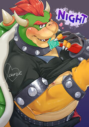 2021 anthro belly biped blush bottomwear bowser bulge clothed clothing condom condom_in_mouth erection erection_under_clothing heart hi_res humanoid_hands janepoyo kemono koopa male male_focus male_only male_solo mario_(series) mario_golf musclegut nintendo nipples overweight overweight_male pants scalie sexual_barrier_device shirt solo solo_male text topwear video_games