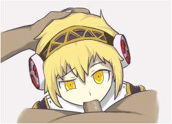 aegis_(persona) aigis_(persona) alternate_costume android blowjob confused_look female hand_on_head persona_4_arena shadow_aigis yellow_eyes