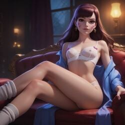 ai_generated bra crossed_legs d.va erect_nipples erect_nipples_under_clothes eye_contact fit_female lace_bra lace_lingerie lingerie long_hair looking_at_viewer off_shoulder overwatch presenting ragen ragen_nsfw seductive seductive_eyes seductive_look seductive_pose seductive_smile socks undressing