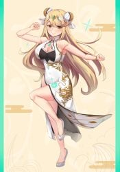 1girls blonde_hair breasts bun_cover china_dress chun-li_(cosplay) core_crystal dress flats kiiro_kimi large_breasts long_hair looking_at_viewer mythra nintendo standing_on_one_leg tiara white_dress xenoblade_(series) xenoblade_chronicles_2 yellow_eyes