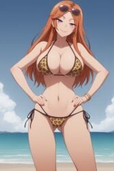 1girls ai_generated animal_print bikini blush bracelet breasts cleavage cloud collarbone dosanko_gal_wa_namara_menkoi female gluteal_fold hands_on_hips large_breasts legs_apart leopard_print long_hair looking_at_viewer mai_fuyuki mature_female milf nail_polish navel notreallyhere orange_hair parted_bangs purple_hair sea seaside side-tie_bikini skindentation smile solo standing sunglasses sunglasses_on_head thigh_gap