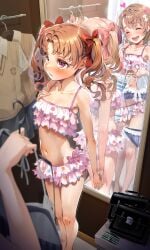 2020s 2023 2girls bikini blue_bikini blue_swimsuit breasts brown_eyes brown_hair changing_room closed_eyes clothes_hanger flower_hair_ornament hair_ribbon hi_res holding_clothes_hanger indoors matching_hair/eyes midriff mirror mirror_reflection misaka_mikoto navel pink_bikini pink_swimsuit polka_dot_bikini polka_dot_swimsuit school_bag school_uniform schoolgirl shirai_kuroko short_hair small_breasts standing summer_uniform swimsuit teen teen_girl teenage teenage_girl teenager to_aru_kagaku_no_railgun to_aru_majutsu_no_index tokiwadai_school_uniform twintails yonabe young