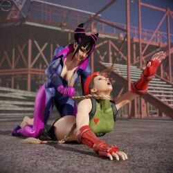 2girls braid cammy_white catfight choking domination fight fit_female hairpull juri_han leotard lynya mr.wiggle3d multiple_girls street_fighter wafl4k wrestling