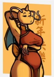 anthro big_breasts breasts chinese_clothes chinese_dress chubby chubby_female clothed dragon dragonite female female_only looking_at_viewer no_humans pokémon_(species) pokemon pokemon_(species) scalie simple_background thick_thighs viderart