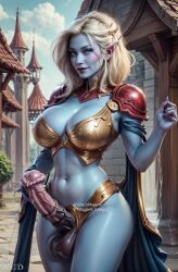 1futa ai_generated bikini_armor blue_eyes blue_skin cape cleavage erection fantasy futa futa_cock futa_only futanari hitogami_futagod horsecock horsecock_futanari knight light_armor long_ears long_penis outdoors paladin solo solo_futa white_hair