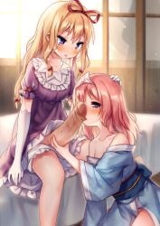 1futa 1girls absurdres balls baozishark bed_sheet blonde_hair blush bottomless breasts censored clothed clothing duo erection fellatio female foreskin foreskin_pull futa_on_female futa_with_female futanari gloves hair_ribbon hand_on_another's_head highres huge_cock human kneeling large_penis light-skinned_female light-skinned_futanari light_skin long_hair mostly_clothed multiple_girls newhalf on_bed open_mouth oral panties penis pink_eyes pink_hair red_ribbon ribbon saigyouji_yuyuko short_hair sitting spread_legs touhou underwear very_long_hair white_gloves white_panties yakumo_yukari yukari_yakumo yuyuko_saigyouji