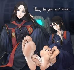 2girls black_hair blue_eyes braid braided_hair duo elden_ring english_text fair_skin female foot_fetish foot_focus fromsoftware heart looking_at_viewer presenting_feet rennala_queen_of_the_full_moon scas soles sorceress sorceress_sellen straight_hair tagme text tunic