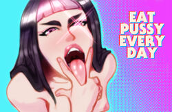 1girls advice black_hair breasts cunnilingus_gesture english_text female female_only glowing_eyes juri_han molly_skyfire nipples open_mouth purple_eyes purple_hair street_fighter text tongue tongue_out topless two_tone_hair v_sign