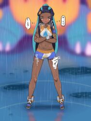 1girls blush female have_to_pee human japanese_text kenzen55884 nessa_(pokemon) omorashi pee_stain pokemon pokemon_ss rain raining text translation_request urine_stain