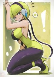 absurdres bare_arms bare_shoulders black_choker black_pantyhose blonde_hair blue_eyes blue_lips blunt_bangs breasts choker cleavage dress elesa_(pokemon) female hand_on_wall headphones heart high_heels highres large_breasts pantyhose pokemon pokemon_bw short_dress short_hair sleeveless sleeveless_dress solo spoken_heart squatting tony_welt yellow_dress yellow_footwear