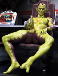 2_toes 3d_(artwork) alien alien_humanoid alien_male anus balls completely_nude cum daz_studio erect_penis exhibitionism feet green_skin hopefulsquire male male_focus male_only naked_male office office_chair pointy_ears purple_skin scifi smirk smirking smirking_at_viewer source_removed spread_legs spreading wanking