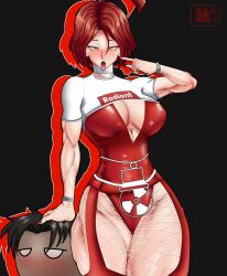 ahe_gao belt big_breasts big_thighs blush bracelet chibi collar females fishnets latex latex_suit muscular muscular_female radiant_artist red_boots red_eyes red_hair red_nails ricardo_jimenez ruby_reed serious tomboy topwear variant_set