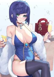 1girls armpits blush breasts champagne_flute crossed_legs dress earrings genshin_impact jewelry liyue milf no_bra panties revealing_clothes short_hair shot_glass sitting skindentation solo solo_female thighhighs waterring yelan_(genshin_impact)