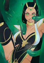 1girls black_hair choker cleavage dress green_eyes green_skin group_sex irelia_xan large_breasts league_of_legends long_hair multiple_boys nonesaint partial_male penis pussy sentinel_irelia sex the_ruined_king_saga vaginal_penetration zac