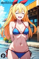 ai_generated arms_behind_back bikini blonde_hair blue_bikini breasts closed_eyes cowboy_shot day female halterneck kirisaki_chitoge long_hair medium_breasts navel nisekoi open_mouth outdoors pikkiwynn ribbon side-tie_bikini_bottom sky smile solo swimsuit